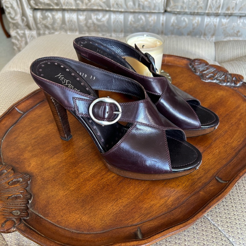 Yves Saint Laurent Women's Brown / Burgundy Wooden Heeled Sandals Size 9